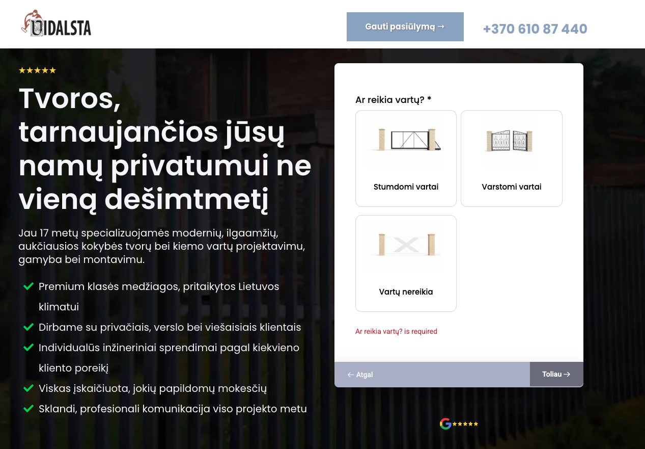 A step of the Vidalsta quiz (&ldquo;Do you need gates?&rdquo;) on the live page